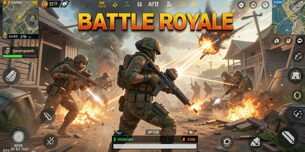 Tangkapan layar utama API33 menunjukkan aksi mendebarkan dalam Battle Royale.