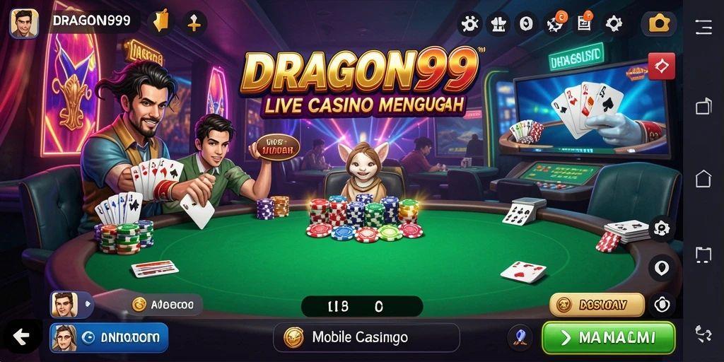 Screenshot gameplay DRAGON99 menunjukkan dealer profesional dan permainan yang seru.