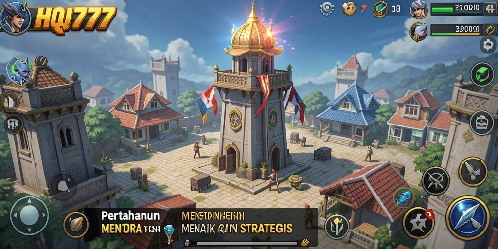 Screenshot menunjukkan aksi seru dalam pertahanan menara di HQ777.