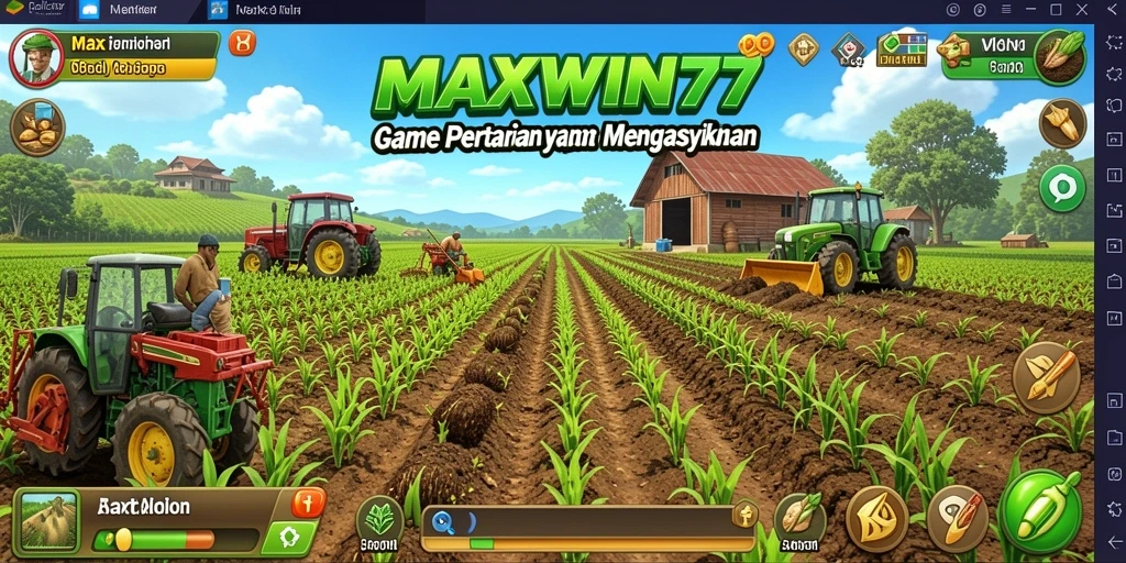 Tampilan gameplay MAXWIN77 yang menampilkan ladang subur dan hewan peliharaan.
