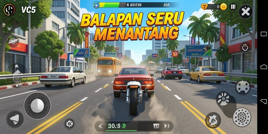 Gameplay VC5 yang mendebarkan dengan balapan yang penuh aksi.